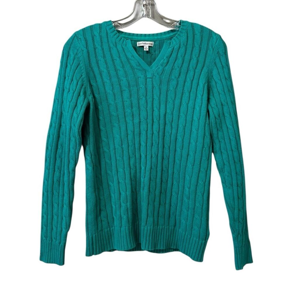 Croft & Barrow Women Size Small Long Sleeve Knit Sweater Green Cotton V Neck